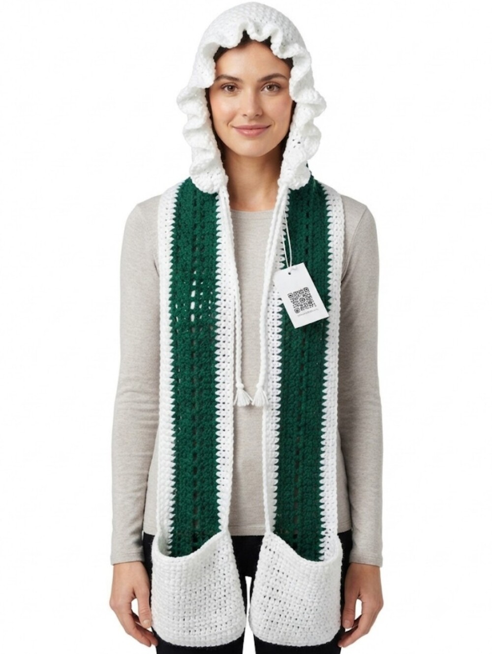 Hand Knit Green White Ruffle Hood Scarf with Pockets Chunky Holiday Wearable Art